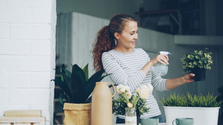 Woman sprays water on a potted plant.